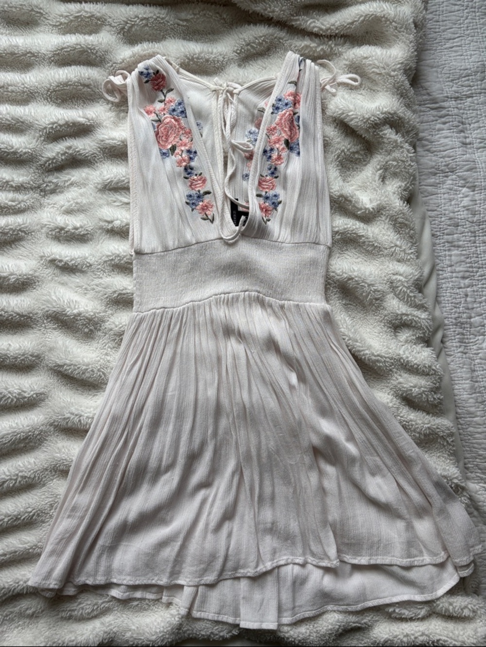 Makeup Forever Cream Mini Dress with Pink & Blue Floral Embroidery
